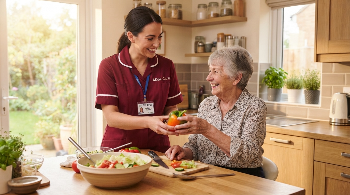 Domiciliary Care West Sussex | ADSL Care — Home Care You Can Trust Care worker helping elderly woma… 202607130034 Private Carer vs. Personal Care Agency in West Sussex: Which Is Right for You?